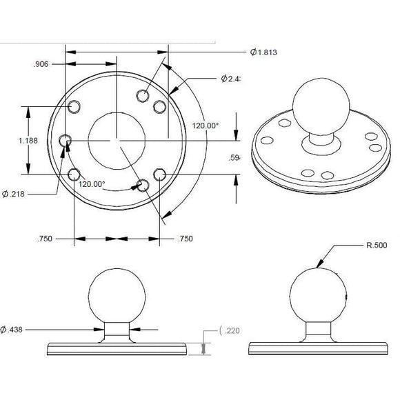 RAM Mount 2.5" Composite Round Base w/1" Ball