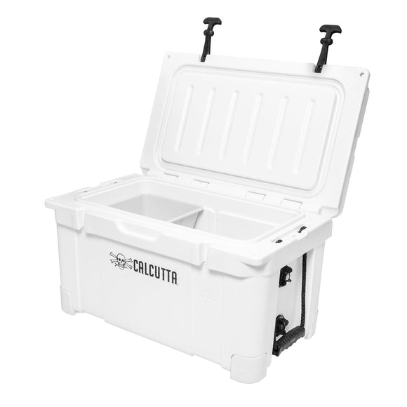 Calcutta Renegade Cooler 35 Liter White w/Removeable Tray & LED Drain Plug, EZ-Lift Rope Handles