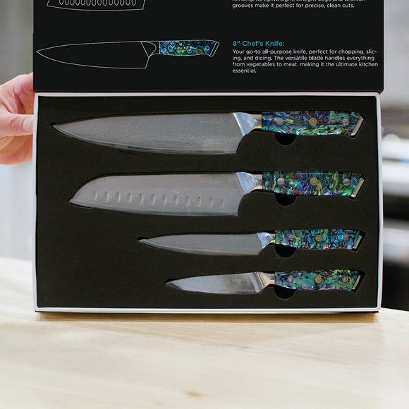 Toadfish Abalone Chef Knives Set 4pc - Chef, Santoku, Utility, Pairing