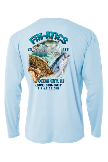 Fin-atics NJ Fish Collage Mens LS Performance T-Shirt - Pastel Blue